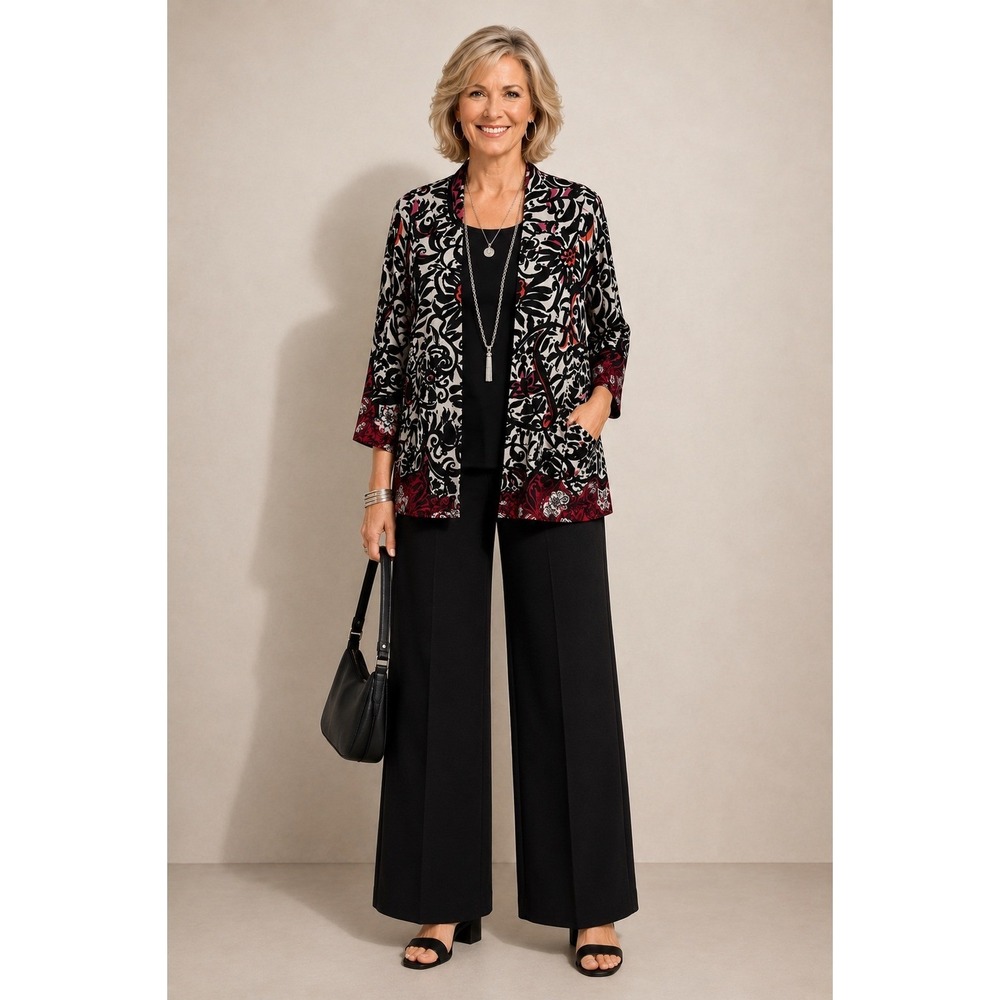 CHICO'S Travelers Cardigan XL Mixed Print Slinky Knit Open Front Artsy Vacation